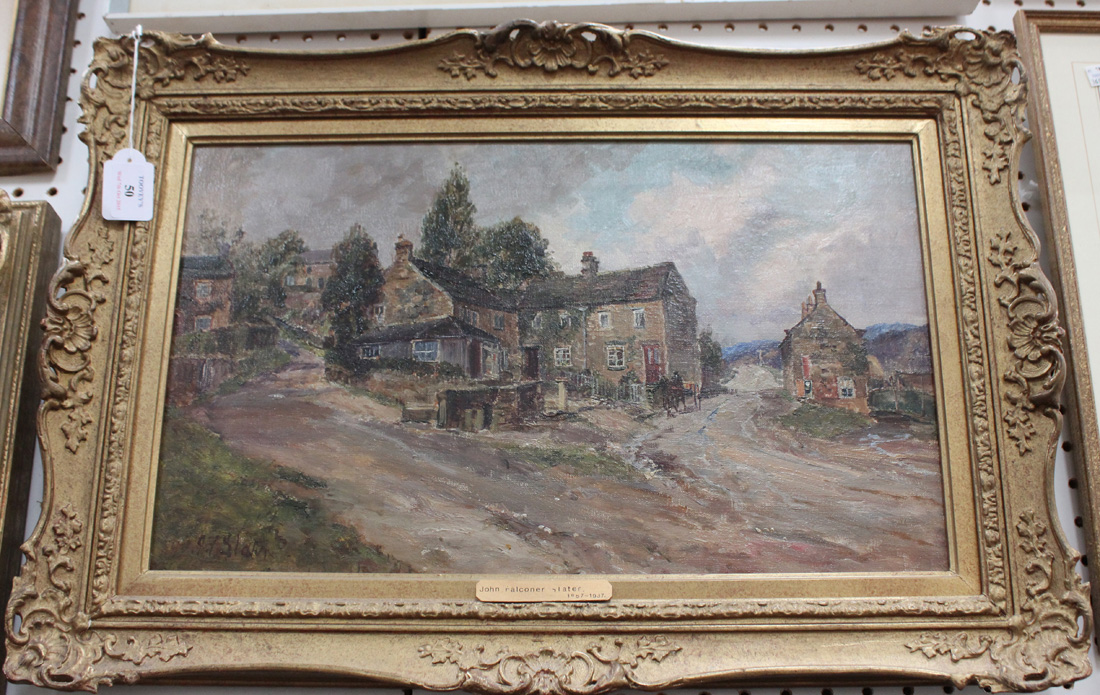 John Falconer Slater - Village Scene near Durham, oil on canvas, signed, approx 29cm x 49cm, - Image 2 of 2