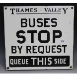 An enamelled Thames Valley bus stop sign, double-sided, approx 38cm x 41cm.