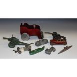 A Britains field gun, another field gun, a Dinky Toys land speed car, three other die-cast cars, a