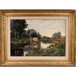 Helen Donald-Smith - 'River Scene', oil on canvas, signed recto, titled label verso, approx 40cm x