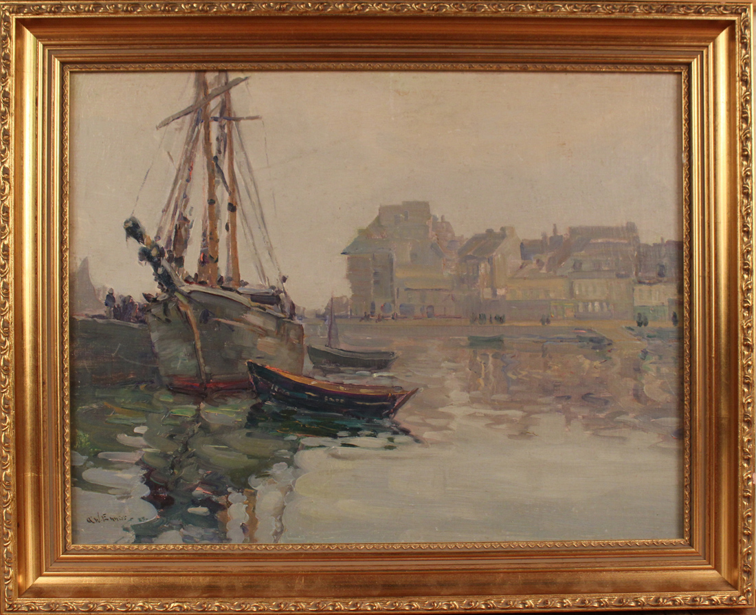 N.W. Enniss - Boats in a Town Harbour, oil on board, signed, approx 34.5cm x 45cm, within a gilt