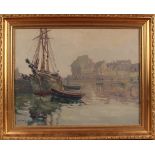N.W. Enniss - Boats in a Town Harbour, oil on board, signed, approx 34.5cm x 45cm, within a gilt
