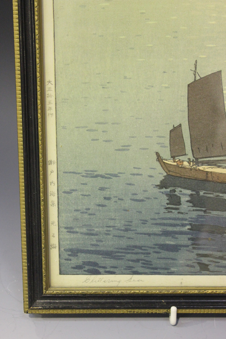 Hiroshi Yoshida (1876-1950) - a Japanese polychrome woodblock oban print, titled 'Glittering Sea', - Image 3 of 3