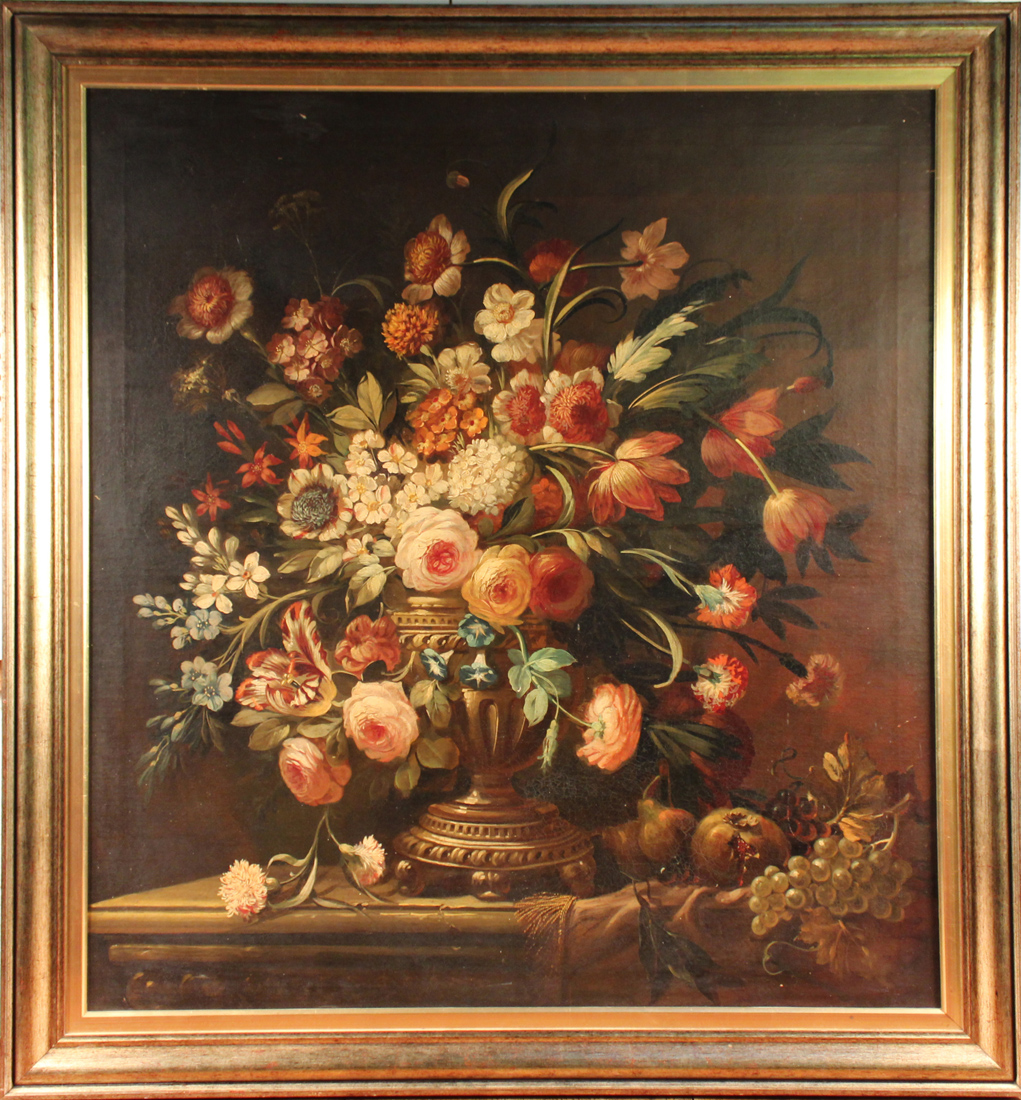 19th Century Continental School - Still Life Study of Flowers in an Urn, oil on canvas, approx 107cm