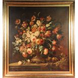 19th Century Continental School - Still Life Study of Flowers in an Urn, oil on canvas, approx 107cm