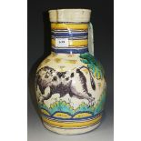 A Spanish Talavera maiolica jug, late 19th Century, painted with a bull and trees between yellow and