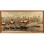 H.C. Baitup, Primitive School - Horse-drawn Timber Wagons passing through a Village, oil on