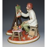 A Capodimonte porcelain figure of an artist sitting at an easel painting a still life study, on an