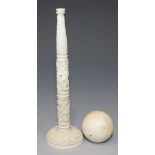 A Chinese Canton export ivory cup and ball child's toy, mid to late 19th Century, the tapering