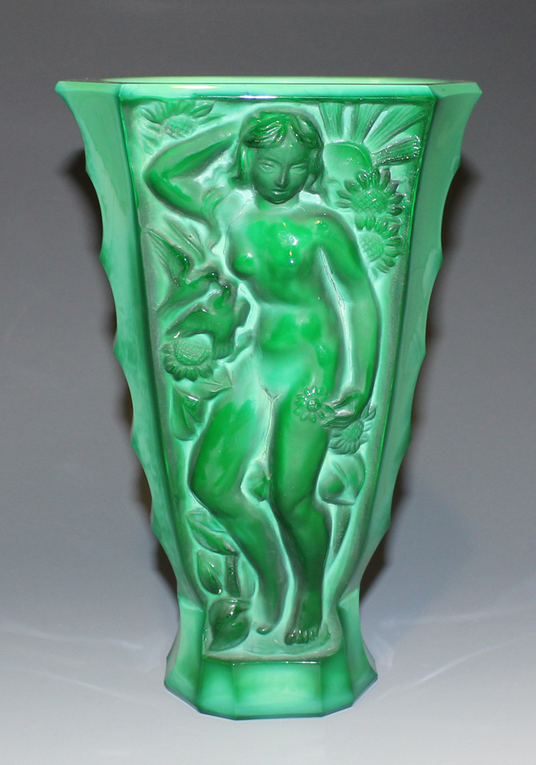 An Art Deco malachite glass vase, in the manner of Heinrich Hoffmann, of octagonal tapering form,