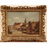 Arthur E. Davies - 'The Quayside, Norwich', oil on board, signed recto, titled label verso, approx