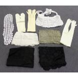 A quantity of whitework, including various linen garments, a black lace shawl and a group of