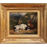 Late 19th Century British School - Two Hunting Dogs beside a Rifle in a Landscape, oil on canvas,