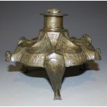 A Khorasan bronze lamp base/incense burner, possibly 12th/13th Century, of hexafoil outline, each