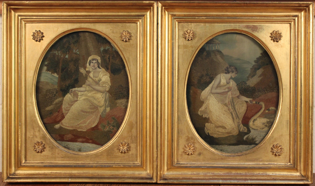 A pair of late George III silkwork and chenille oval panels, one depicting a classically dressed