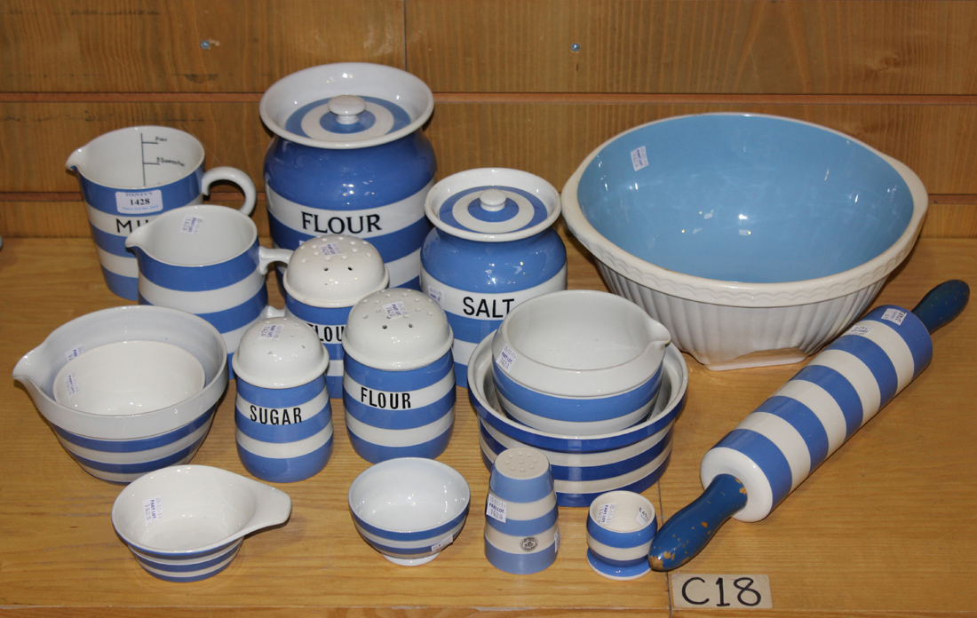 A collection of T.G. Green & Co blue and white Cornish kitchen ware, comprising a 'Milk' measuring
