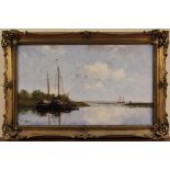 Frits Johan Goosen - Barges moored in an Inlet, 20th Century oil on canvas, signed, approx 29cm x