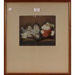 A Walt Disney animation cel, 'Four Dwarfs behind Bed', titled Leicester Galleries label verso,