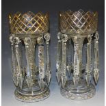 A pair of Continental clear cut glass table lustres, late 19th Century, each bowl with lattice cut