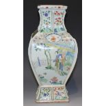 A Chinese famille verte porcelain vase, Kangxi period, of rectangular baluster form, the body