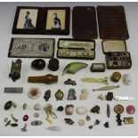 A group of various collectors' items and objects of virtu, including a tartanware egg, a bone