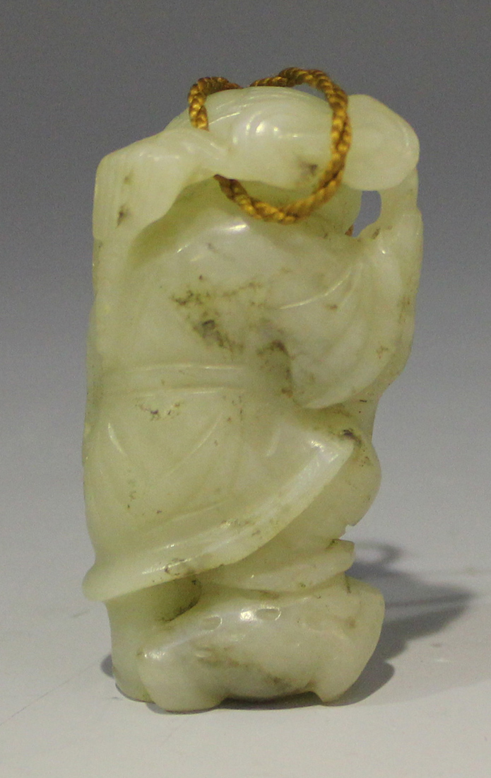 A Chinese carved pale celadon jade pendant of Lui Hai, Qing dynasty, modelled with a string of - Image 2 of 5