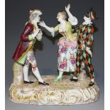 A Continental Meissen style porcelain figure group, late 19th Century, modelled as a lady standing