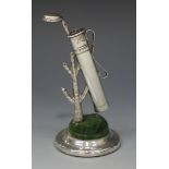 An Edwardian silver novelty golfing jewellery and hat pin stand, in the form of a golf bag and