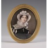 Charlotte Jones - Oval Miniature Half Length Portrait of a Lady wearing a Lace Cap, watercolour on