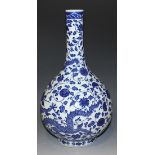 A Chinese blue and white porcelain bottle vase, mark of Yongzheng but modern, painted with two