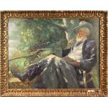 Continental School - Portrait of a Gentleman reading outdoors, oil on canvas, indistinctly signed,