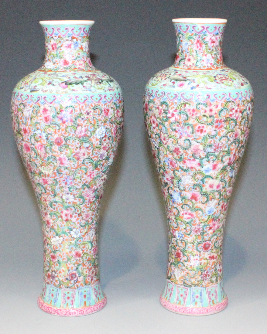 A pair of Chinese famille rose enamelled porcelain meiping, mark of Qianlong but Republic period,