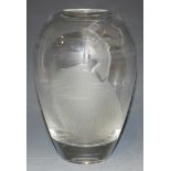 An Orrefors clear glass vase, by Vicke Lindstrand, the ovoid body etched with a semi-clad dancer,