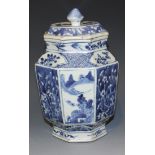 A Chinese blue and white export porcelain octagonal vase and cover, 19th Century, the body