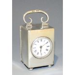 An Edwardian silver cased diminutive carriage timepiece, the enamel dial with black Roman