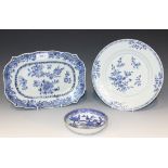 A Chinese blue and white export porcelain meat dish, late Qianlong period, painted with flowers,