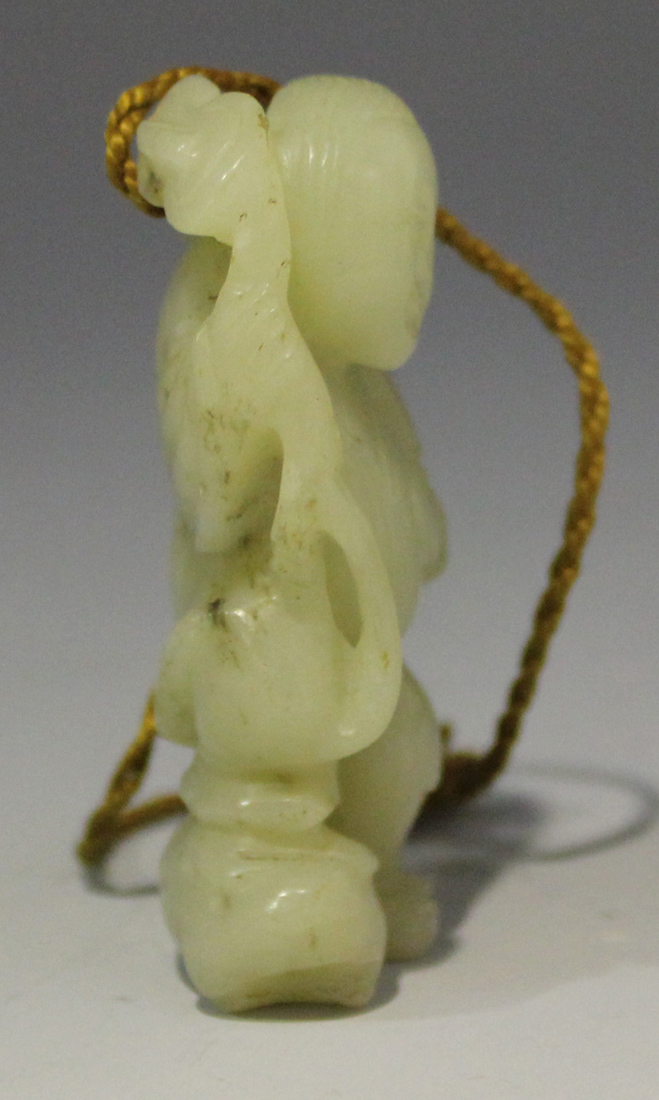 A Chinese carved pale celadon jade pendant of Lui Hai, Qing dynasty, modelled with a string of - Image 3 of 5