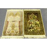 Two Kashmir part silk prayer mats, modern, one with a pictorial mihrab, the other with an urn and