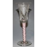 A Dutch wine glass, mid-18th Century, the waisted bell shaped bowl engraved with fruiting vines, the