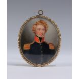 19th Century British School - Oval Miniature Half Length Portrait of an Officer wearing a Blue