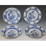 A set of four Chinese blue and white export porcelain small plates, Qianlong period, each painted