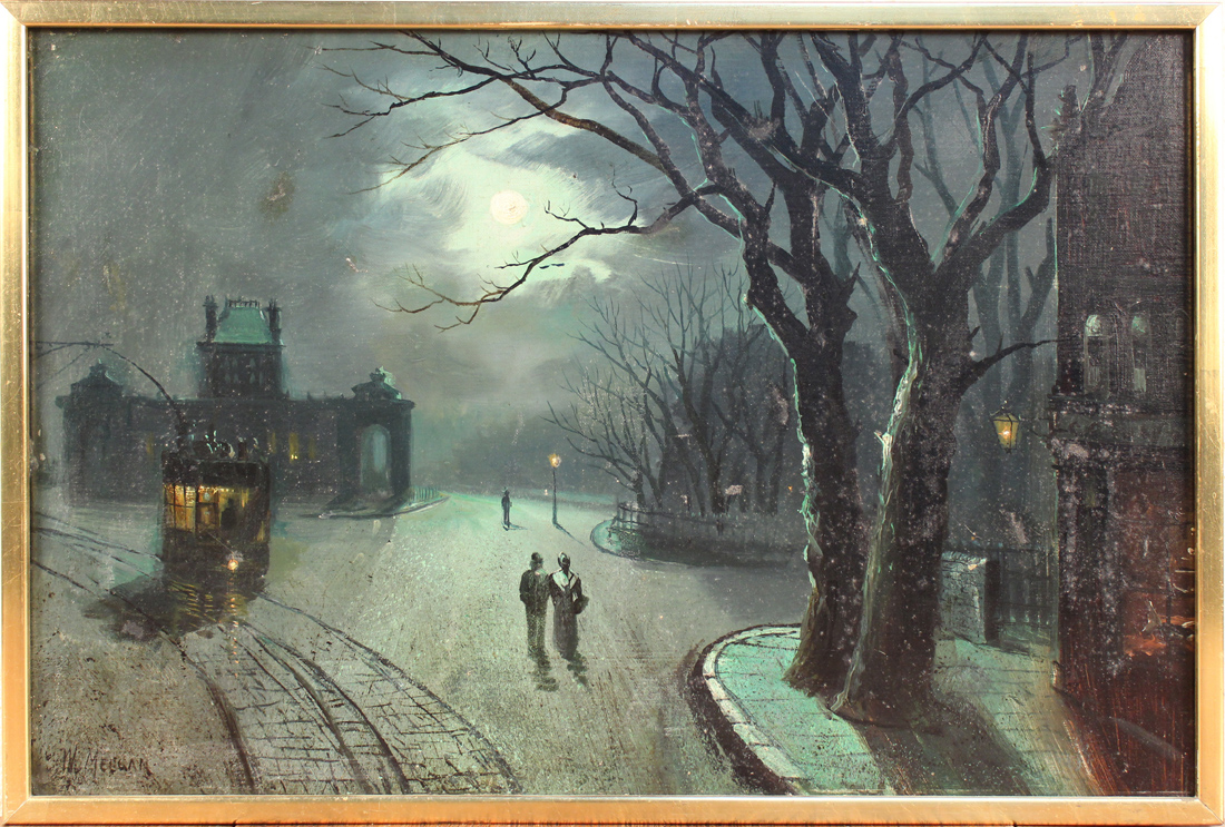 Walter Linsley Meegan - Moonlit Street Scene, oil on canvas, signed, approx 39cm x 59.5cm, within