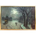 Walter Linsley Meegan - Moonlit Street Scene, oil on canvas, signed, approx 39cm x 59.5cm, within