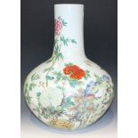 A large Chinese famille rose porcelain bottle vase, mark of Qianlong but 19th Century, the squat