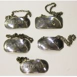 A group of five silver decanter labels, comprising 'Rum', London 1802 by Samuel Godbehere, Edward