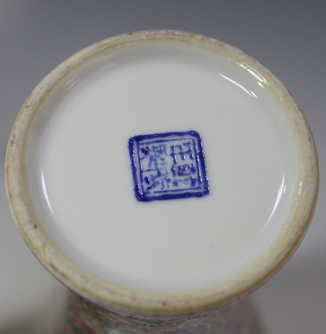 A pair of Chinese famille rose enamelled porcelain meiping, mark of Qianlong but Republic period, - Image 3 of 4