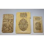 A Chinese Canton export ivory rectangular card case, mid-19th Century, carved in high relief with
