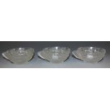Three Art Deco Lalique 'Moissac' pattern frosted and clear glass single handled cups, moulded with