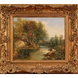 19th Century British School - River Landscape with an Angler and Cows, oil on canvas, approx 23.