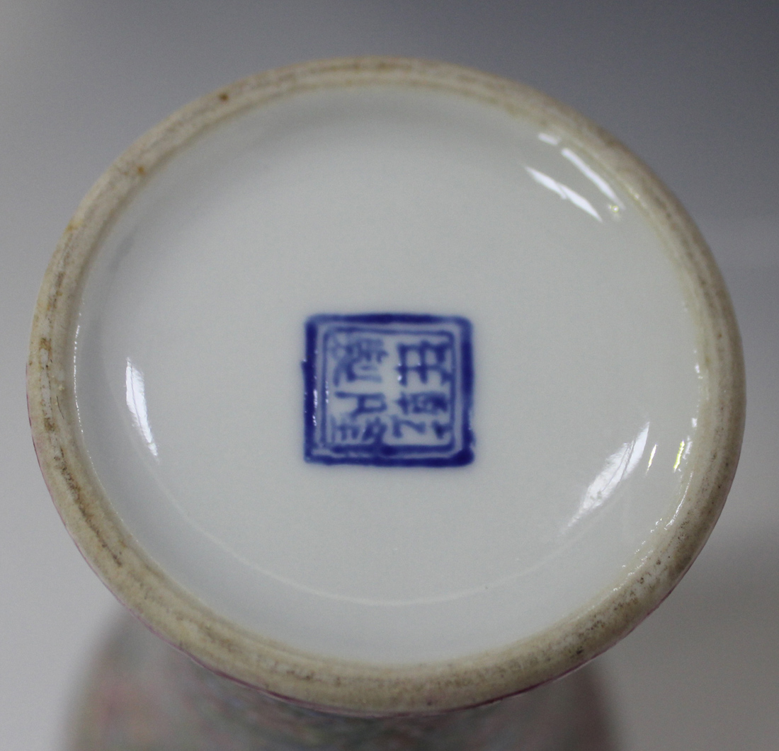 A pair of Chinese famille rose enamelled porcelain meiping, mark of Qianlong but Republic period, - Image 2 of 4
